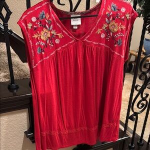 Red Embroidered Women's Top